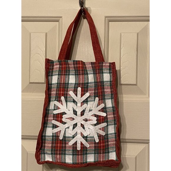 Christmas Fabric Gift Bag 7.5x10 Mini Tote Snowflake Red Plaid - Picture 3 of 7